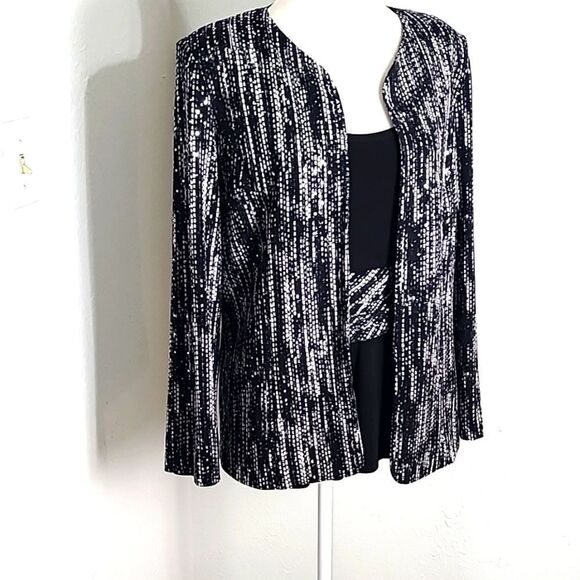 Jessica Howard Black & White Sequin Jacket w/Black Tank Matching Belt Set, Sz 12 - Picture 2 of 10
